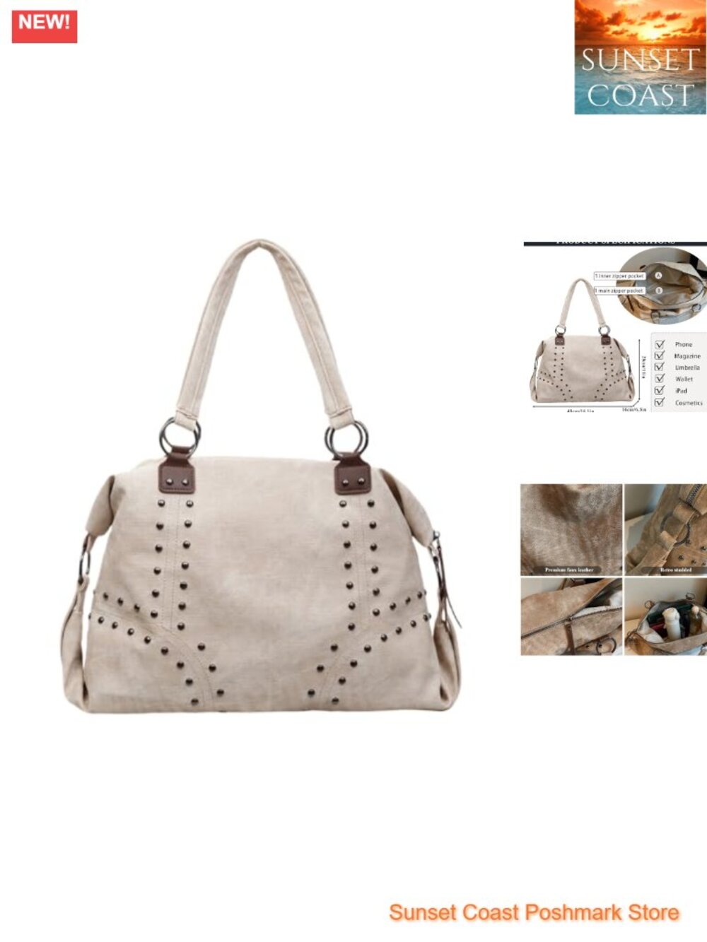 Studded Faux Leather Tote Handbag Top Handle Hobo Shoulder Bag